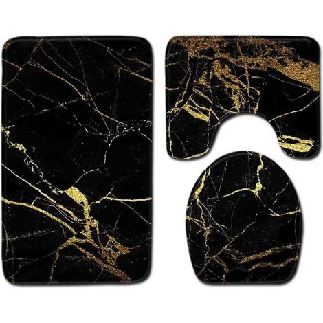 Ensemble de 3 tapis de salle de bain antidérapants pour toilettes : tapis de bain + tapis de cuvette + couvre-abattant, tapis de sol effet marbre. (1/5)