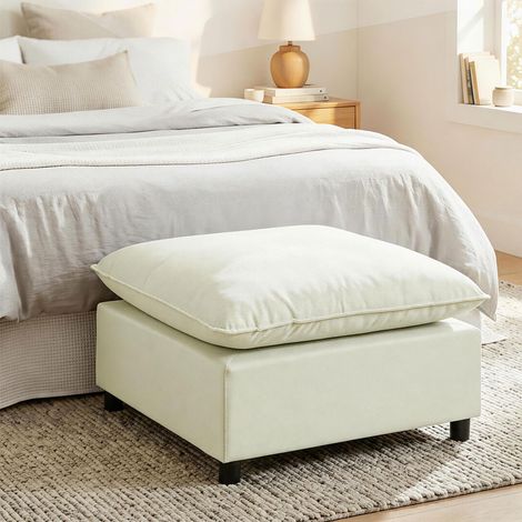 Pouf moderno in tessuto con gambe in plastica per soggiorno e camera da letto, 75 cm, bianco crema.