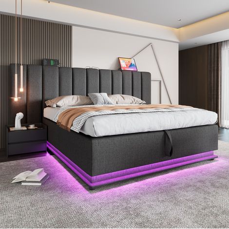 Letto con contenitore in lino grigio 180x200 cm con LED, 3 USB e 1 USB-C, rete a doghe inclusa (1/5)