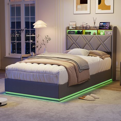 Lit coffre simple 90x200cm, lit 90x200 avec sommier, tête de lit capitonné avec rangement ouverte, éclairage LED, chargement USB, design rivets, Lin Gris foncé (1/5)