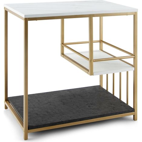 COSTWAY Mesa Auxiliar Blanca/Mesa con 3 Niveles y Estructura en Acero Pintada Dorada/Mesita Moderna para Salón Dormitorio, Fácil de Montar/Mármol y Oro 60 x 40 x 60,5 cm (1/5)