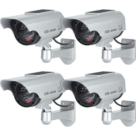 (Confezione da 4, argento) Telecamere finte con pannello solare, finta telecamera di sicurezza CCTV con luce LED per uso interno ed esterno (1/5)
