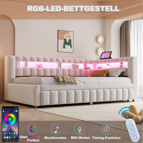 Lit tapis convertible 90x200 cm, sommier rabattable avec éclairage LED intégré, tête de lit spacieuse et dossier rembourré, motif rayé classique, port USB de recharge, tissu velours beige (1/5)