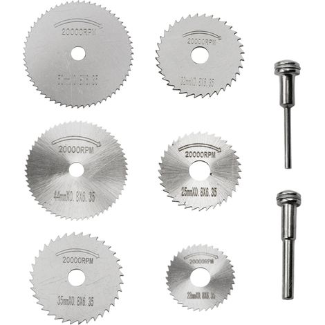 8 Lames de scie circulaire, Acier rapide, Diamètres variés, Queue 6mm, Pour bois plastique métal (1/5)
