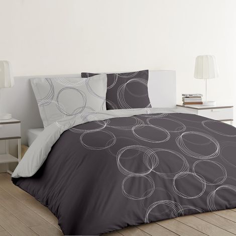 Parure de lit Réversible 100% Coton - Lenny Gris - Set de Housse de Couette 260x240 cm avec 2 taies d'oreiller pour lit Kingsize 2 Personnes - Fibres Naturelles - Oekotex (1/5)