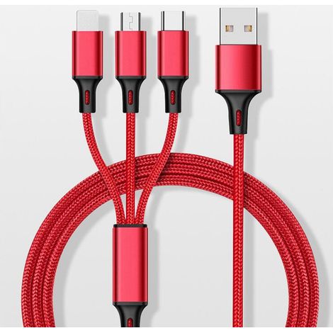 Câble de charge multifonction 3 en 1 pour iOS, Android et USB-C rouge (1/5)