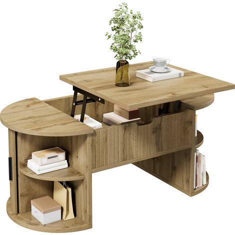 Table basse moderne réglable en hauteur, avec étagères ouvertes et rangement caché, portes coulissantes, idéale pour petits appartements et bureaux à domicile.
