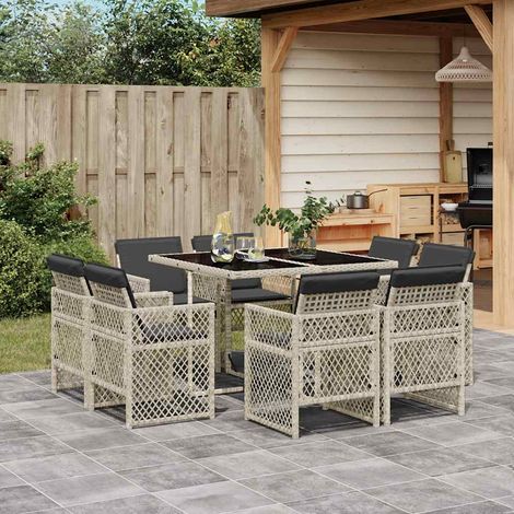 Ensemble à manger de jardin et coussins 9 pcs-Salon de jardin gris clair rotin 756385 (1/5)