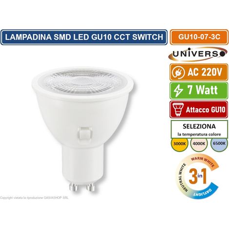UNIVERSO GU10-07-3C LAMPADINA FARETTO LED 7W 510 LUMEN ATTACCO GU10 CON SWITCH CCT PER SELEZIONE LUCE 3000K/4000K/6500K (1/3)