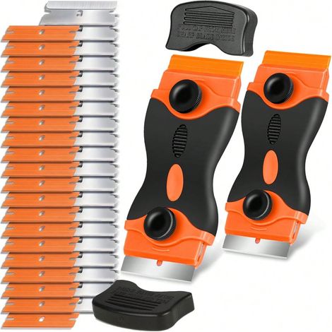 Outil grattoir à double lame en plastique et métal, décolleur de peintures et autocollants sans rayures, pour voiture, fenêtres, bois et cuisine, 2 spatules, 20 lames plastique et 20 lames métal (1/5)
