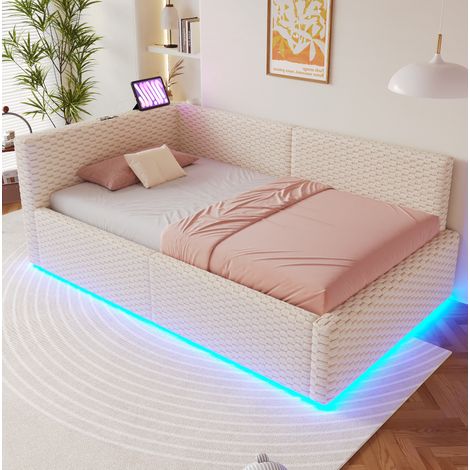Bett Stauraum 90x200 LED Samt Beige Hydraulisch HAVRYA (1/5)