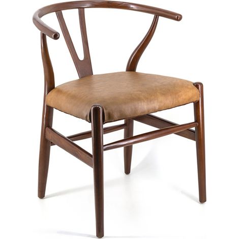 Chaise en bois massif marron et assise en cuir Kuiza (1/3)