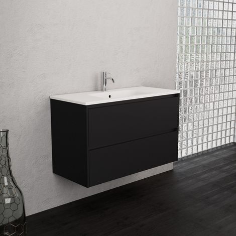 Inda - Badezimmerschrank 2 Schubladen B.100 mit mattiertem Waschbecken / Mattschwarz - Smeraldo (1/5)