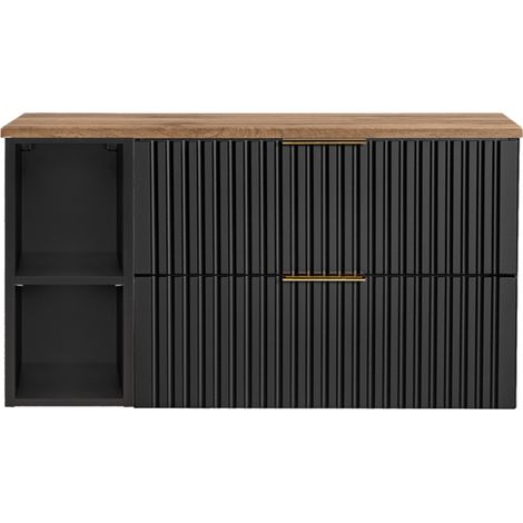 Conjunto mueble bajo lavabo NOXERA 80 cm – Negro mate y roble – 2 cajones + 2 nichos + encimera para lavabo (1/2)