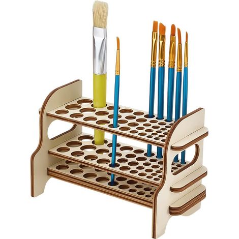 Porte Pinceaux en Bois Support de Rangement pour Pinceaux à 51 trou Support de Pinceaux D'Artiste de Bureau à 2 niveaux pour Décoration Peinture des Stylos Crayons Artisanat 18x8x11cm (1/5)