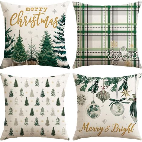 Fundas de cojín decorativas navideñas de 45 x 45 cm (juego de 4), diseño de árbol de Navidad y adornos, estilo rústico, para sofá, cama o sillón. (1/5)