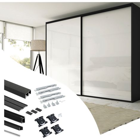 Emuca Set aus Hardware set für Placard 74 2-Schiebe-Kleiderschrank mit sanftem Schliessen, Griff-Modell Sharp, Stärke 19mm, ohne Paneele, Schwarz lackiert