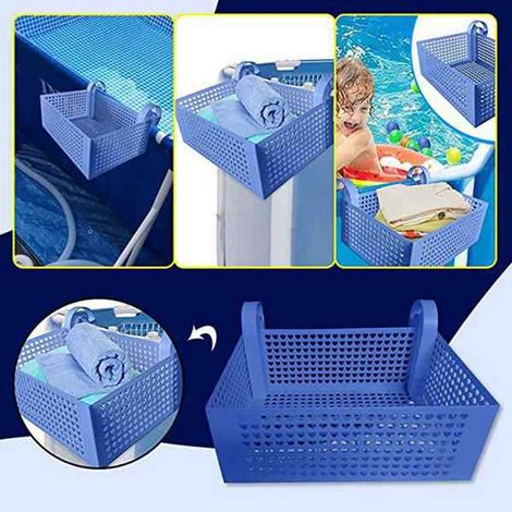 1 ensemble, couleur : bleu, matière : plastique, panier de rangement à crochet pour bord de piscine + porte-boissons, comprend : pliable