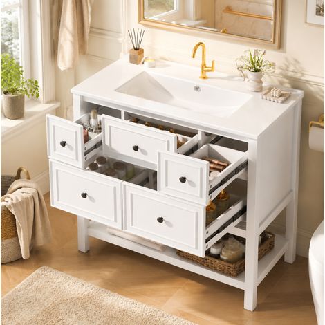 Badezimmerschrank mit Waschtisch 76 x 46,5 x 82 cm, 5 Schubladen, offene Ablagen, weiß HAVRYA (1/5)