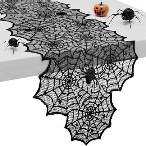 Nappe d'Halloween, longue nappe en dentelle noire à motif toile d'araignée pour la décoration de table d'Halloween/de fête, cuisine, cheminée (1/5)