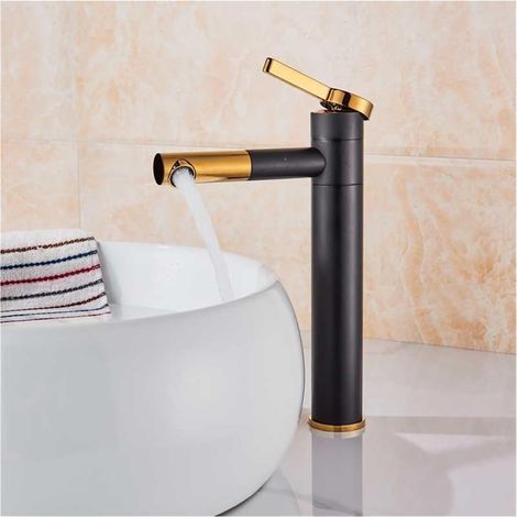 Robinet de lavabo de salle de bain cylindrique noir simple et contemporain, Mitigeur de lavabo - Noir-Doré,30cm (1/5)