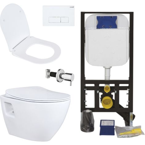 Creavit Hänge WC Set Weiß spülrandlos mit Edelstahl Bidet, Softclose WC Sitz und 3/6 L Vorwandelement Unterputz Komplettset (1/5)