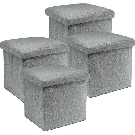Pouf de rangement pliable - JUANIO - Lot de 4 - Gris - Polyester - Couvercle amovible (1/4)