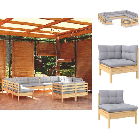 Gartenmöbel-Sets - Living 11-tlg. Garten-Lounge-Set mit Grauen Kissen Kiefer Massivholz (1/5)