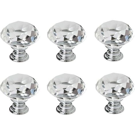 Bouton diamant en cristal 6 pièces, poignée de porte diamant transparente avec vis, boutons individuels pour tiroirs avec trou rond pour cuisine ou décoration intérieure - 30 mm (1/3)