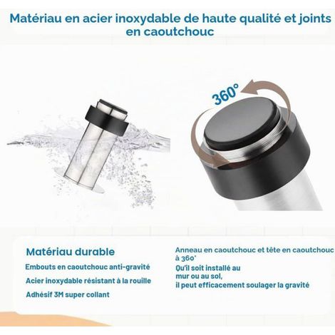 Butée de porte inox argent 10 cm, pare-chocs caoutchouc 360°, pose vis, colle 3M ou 3 méthodes au choix, tous sols durs (1/5)