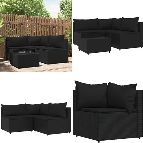 Salon de jardin 4 pcs avec coussins Noir Résine tressée - Salon De Jardin - Mobilier Extérieur - Canapé D'angle - Set De Jardin - Table Basse - Home & Living (1/5)