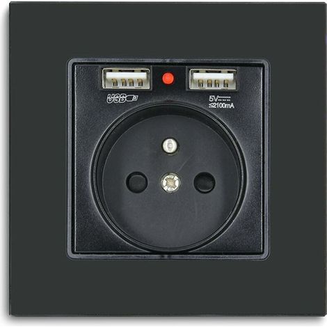Enchufe pared negro 16A 250V, 2 puertos USB (max 2,1A), panel cristal, para smartphones/tabletas (1/5)