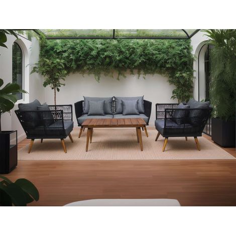 Tiago - gartenmöbel für 4 personen + tisch - seilgeflecht und holz - schwarz inkl. Graue kissen - schutzhülle - schwarz / grau / holz (1/5)