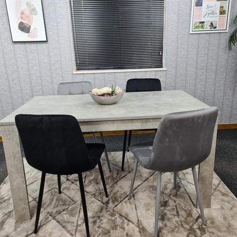 Dining Table and 4 Chairs Stone Grey Effect Wood Table 4 Grey Black Velvet Chairs Dining Room (1/5)
