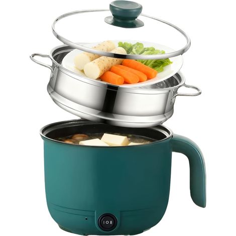 MarmiteS électrique,1,5 Litre Avec Cuiseur Vapeur,Mini-Marmite Electrique,Marmite A Soupe Rapide Portable,Multicuiseur Antiadhésif Portable Pour Maison,Bureau,Rsidence Etudiante,600W,220V,Verte (1/5)