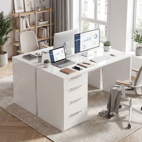 Bureau blanc 4 tiroirs 110x61,5x75 cm, table d'ordinateur compacte gain de place pour espace de travail. (1/5)