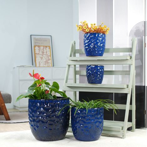 Keramik-Blumentopf Ø38 cm, Marineblau, gehämmert, mit Drainageloch, OKMYHOME (1/5)