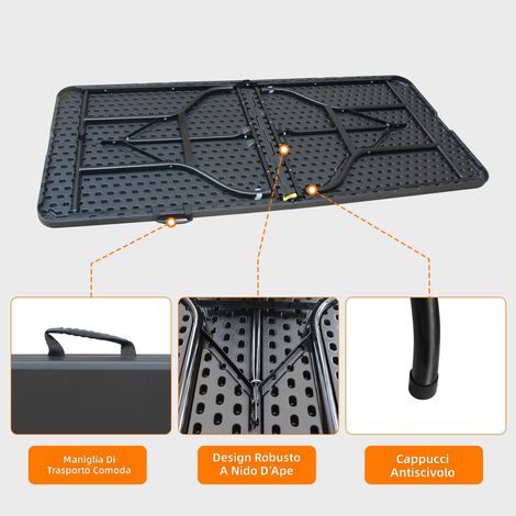 Tavolo pieghevole portatile 180 cm robusto con maniglia, multifunzionale per campeggio picnic interni/esterni, capacità 135 kg, colore nero (1/5)