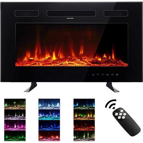 30inch/76,2cmCheminée silencieuse , 12 couleurs de flammes respirantes réglables, écran tactile en verre et télécommande, encastrée, autoportante ou murale avec kits de cristaux et de bûches.