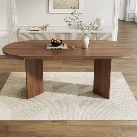 Table de salle à manger de 160 x 80 cm, pouvant accueillir 6 à 8 personnes elle présente des coins arrondis, un plateau épais et un style minimaliste finition noyer. (1/5)
