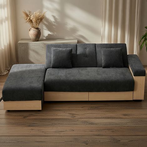 Canapé, dossier réglable sur trois positions, avec tiroir, tissu chenille, porte-gobelets et repose-pieds avec rangement, gris (1/5)
