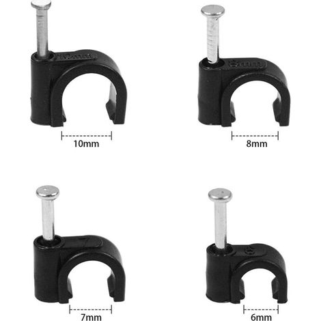 Aougo – Pack de 400 serre-câbles noir – Clips en U avec clou en acier – 4 tailles 6mm 7mm 8mm 10mm – Installation facile au mur