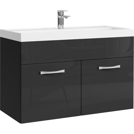 Badplaats – Meuble lave-mains 80 cm – Lavabo en marbre artificiel – 2 portes – Panneaux de particules – Noir brillant – Montage facile