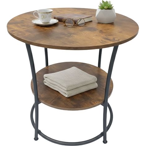 Relaxdays side table, 2 shelves, HxD: 55x55 cm, wood-effect & metal, round, dark brown/black (1/5)