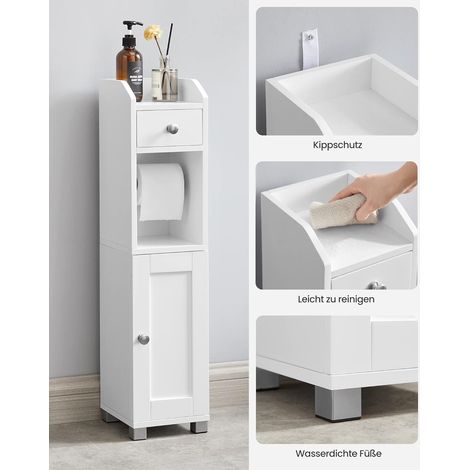 VASAGLE Petit Meuble de Rangement pour Toilettes, Support pour Papiers Toilettes, Colonne, Armoire de Salle de Bain, Placard, Étagère Réglable, Petits Espaces, Blanc (1/5)