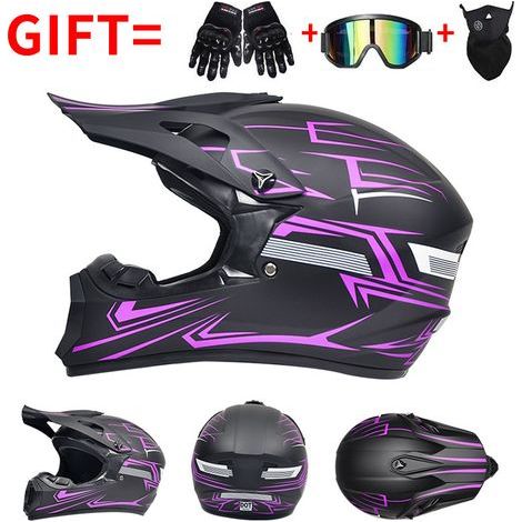 Casque de Moto Cross Intégral Homme/Femme, Certifiés DOT, Casque de Motocross VTT avec Cadeaux (Gants + Lunettes + Masque) - Design Noir et Violet - Taille L - (Tour de tête 57-60 cm)