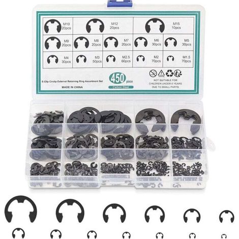 Assortiment de 420 Circlips en E - JINFGERNE - Anneaux de Retenue en Acier à Ressort, Idéaux pour Fixation de Roulements, Engrenages et Poulies, 13 Tailles Disponibles (1/5)