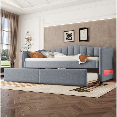Cama nido 90x200 cm gris en lino y MDF con cama auxiliar extraíble e iluminación LED (1/5)