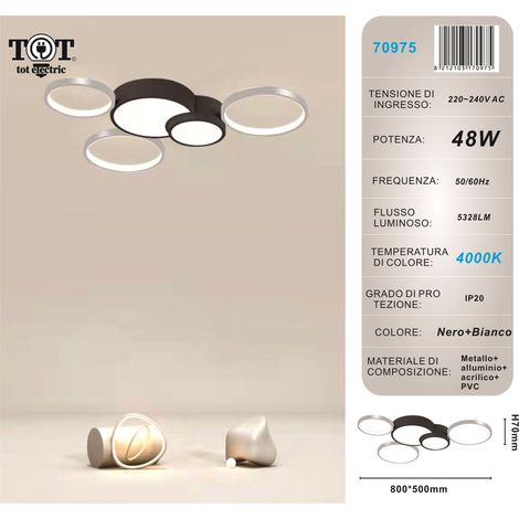 Plafoniera led 48w 5 cerchi argento nero lampada da soffitto design moderno luce per camera soggiorno cucina  Naturale