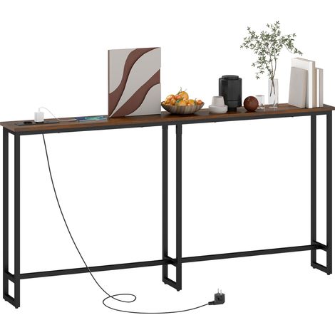 Tavolo Consolle in Stile Industriale 160x20x80 cm con Stazione di Ricarica in Legno e Acciaio Marrone (1/5)